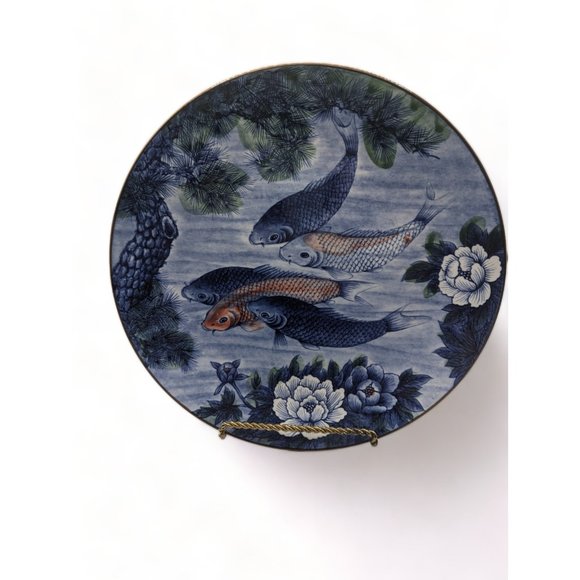 Vintage Japanese Sun Ceramics Blue White Koi Fish Porcelain Plate 12.5" Diameter - Picture 12 of 12